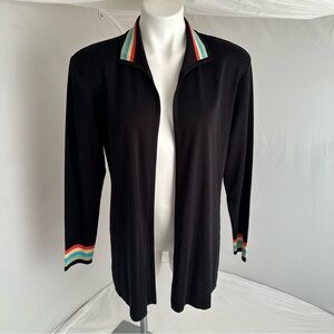 Misook black open cardigan striped collar/cuffs M